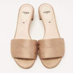 Pre Owned Fendi Beige Satin Logo Slides Size 35