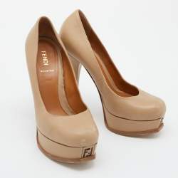 Pre Owned Fendi Beige Leather Fendista Platform Pumps Size 38