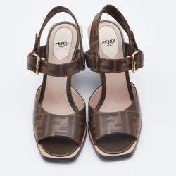Fendi Brown Zucca Coated Canvas Motif Logo Wedge Ankle Strap Sandals Size 36.5