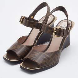 Fendi Brown Zucca Coated Canvas Motif Logo Wedge Ankle Strap Sandals Size 36.5