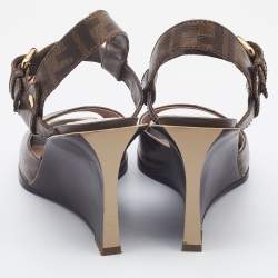 Fendi Brown Zucca Coated Canvas Motif Logo Wedge Ankle Strap Sandals Size 36.5
