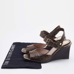 Fendi Brown Zucca Coated Canvas Motif Logo Wedge Ankle Strap Sandals Size 36.5