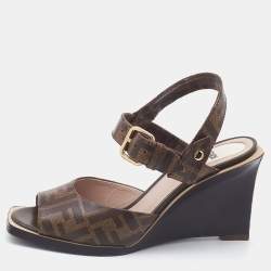 Fendi Brown Zucca Coated Canvas Motif Logo Wedge Ankle Strap Sandals Size 36.5