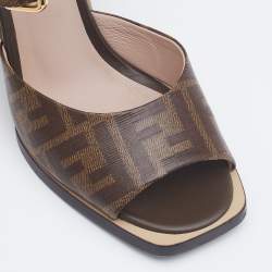 Fendi Brown Zucca Coated Canvas Motif Logo Wedge Ankle Strap Sandals Size 36.5