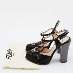 Pre Owned Fendi Black/Metallic Satin and Leather Platform Block Heel Sandals Size 39