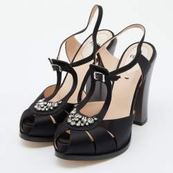 Pre Owned Fendi Black/Metallic Satin and Leather Platform Block Heel Sandals Size 39