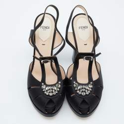 Pre Owned Fendi Black/Metallic Satin and Leather Platform Block Heel Sandals Size 39