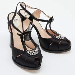 Pre Owned Fendi Black/Metallic Satin and Leather Platform Block Heel Sandals Size 39