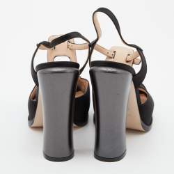 Pre Owned Fendi Black/Metallic Satin and Leather Platform Block Heel Sandals Size 39