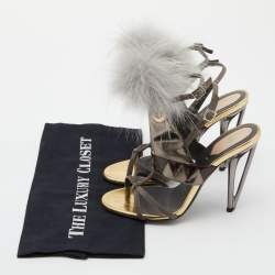 Fendi Metallic Grey Leather and Fur Monster Eye Ankle Strap Sandals Size 38.5