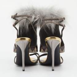 Fendi Metallic Grey Leather and Fur Monster Eye Ankle Strap Sandals Size 38.5