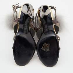 Fendi Metallic Grey Leather and Fur Monster Eye Ankle Strap Sandals Size 38.5