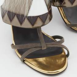 Fendi Metallic Grey Leather and Fur Monster Eye Ankle Strap Sandals Size 38.5