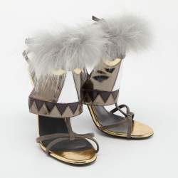 Fendi Metallic Grey Leather and Fur Monster Eye Ankle Strap Sandals Size 38.5