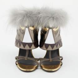 Fendi Metallic Grey Leather and Fur Monster Eye Ankle Strap Sandals Size 38.5