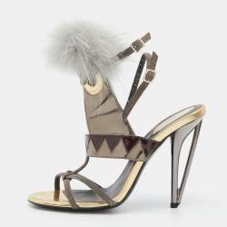 Fendi Metallic Grey Leather and Fur Monster Eye Ankle Strap Sandals Size 38.5