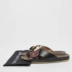 Pre Owned Fendi Black/Brown Leather Flowerland Stud Criss Cross Flat Slides Size 41