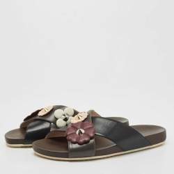 Pre Owned Fendi Black/Brown Leather Flowerland Stud Criss Cross Flat Slides Size 41