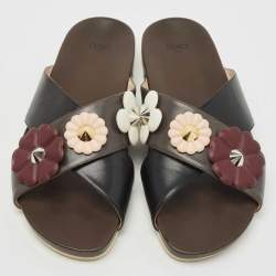 Pre Owned Fendi Black/Brown Leather Flowerland Stud Criss Cross Flat Slides Size 41