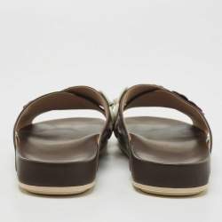 Pre Owned Fendi Black/Brown Leather Flowerland Stud Criss Cross Flat Slides Size 41