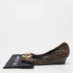 Fendi Brown Zucca Canvas and Leather Logo Wedge Pumps Size 38