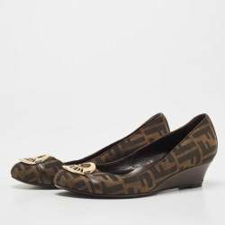 Fendi Brown Zucca Canvas and Leather Logo Wedge Pumps Size 38