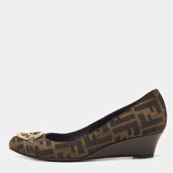 Fendi Brown Zucca Canvas and Leather Logo Wedge Pumps Size 38