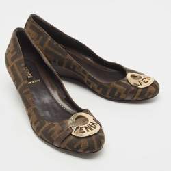 Fendi Brown Zucca Canvas and Leather Logo Wedge Pumps Size 38