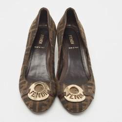 Fendi Brown Zucca Canvas and Leather Logo Wedge Pumps Size 38