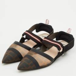 Pre Owned Fendi Brown/Black Zucca Mesh and Leather Colibri Slingback Flats Size 37.5