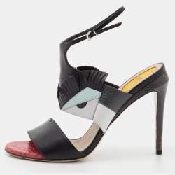 Fendi Tricolor Leather and Embossed Lizard Monster Eye Ankle Strap Sandals Size 39