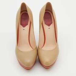 Pre Owned Fendi Light Brown Leather Double Platform Pumps Size 38.5