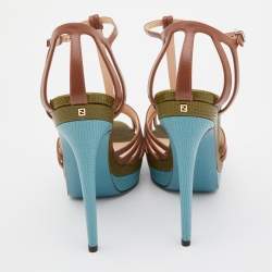 Pre Owned Fendi Brown Leather T-Bar Strappy Platform Sandals Size 38.5