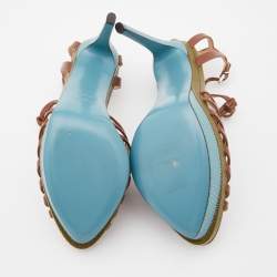 Pre Owned Fendi Brown Leather T-Bar Strappy Platform Sandals Size 38.5