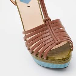 Pre Owned Fendi Brown Leather T-Bar Strappy Platform Sandals Size 38.5
