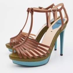 Pre Owned Fendi Brown Leather T-Bar Strappy Platform Sandals Size 38.5