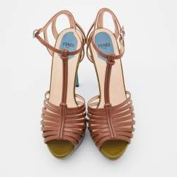 Pre Owned Fendi Brown Leather T-Bar Strappy Platform Sandals Size 38.5