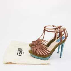 Pre Owned Fendi Brown Leather T-Bar Strappy Platform Sandals Size 38.5