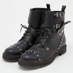 Pre Owned Fendi Black Leather Embellished Buckle Ankle Boots Size 39
