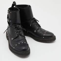 Pre Owned Fendi Black Leather Embellished Buckle Ankle Boots Size 39