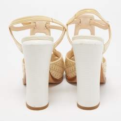 Pre Owned Fendi Cream/White Laser Cut Leather Block Heel Sandals Size 39