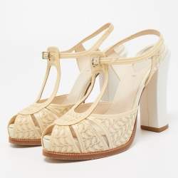 Pre Owned Fendi Cream/White Laser Cut Leather Block Heel Sandals Size 39