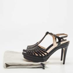 Pre Owned Fendi Black Patent Leather Strappy Platform Ankle Strap Sandals Size 37