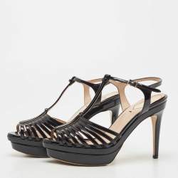 Pre Owned Fendi Black Patent Leather Strappy Platform Ankle Strap Sandals Size 37