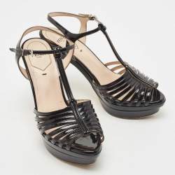 Pre Owned Fendi Black Patent Leather Strappy Platform Ankle Strap Sandals Size 37