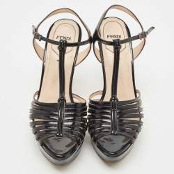 Pre Owned Fendi Black Patent Leather Strappy Platform Ankle Strap Sandals Size 37