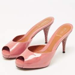 Fendi Pink Patent Leather Peep Toe Zucca Heel Slide Sandals Size 39