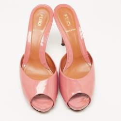 Fendi Pink Patent Leather Peep Toe Zucca Heel Slide Sandals Size 39