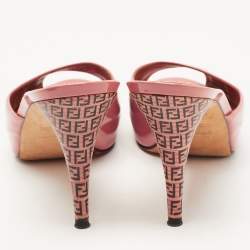 Fendi Pink Patent Leather Peep Toe Zucca Heel Slide Sandals Size 39