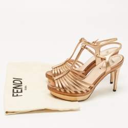 Pre Owned Fendi Metallic Leather T-Bar Platform Strappy Sandals Size 37